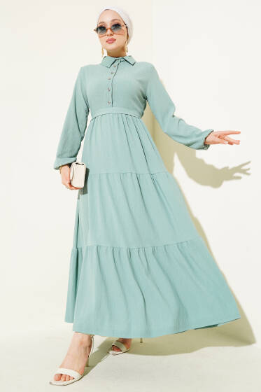 Gömlek Yaka Düğmeli Kat Kat Bürümcük Elbise Çağla Yeşili - Elbise