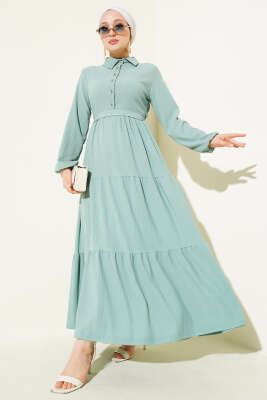 Gömlek Yaka Düğmeli Kat Kat Bürümcük Elbise Çağla Yeşili 