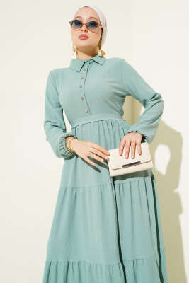 Gömlek Yaka Düğmeli Kat Kat Bürümcük Elbise Çağla Yeşili - Tesettür Elbise