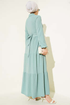 Gömlek Yaka Düğmeli Kat Kat Bürümcük Elbise Çağla Yeşili - Tesettür Elbise