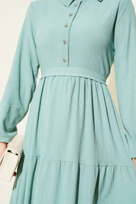 Gömlek Yaka Düğmeli Kat Kat Bürümcük Elbise Çağla Yeşili - Tesettür Elbise