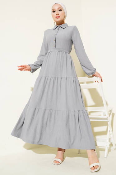 Gömlek Yaka Düğmeli Kat Kat Bürümcük Elbise Gri - Elbise