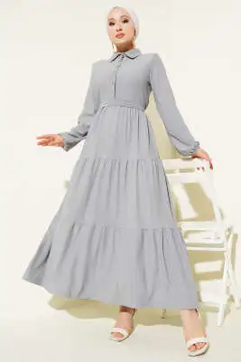 Gömlek Yaka Düğmeli Kat Kat Bürümcük Elbise Gri 