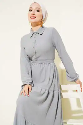 Gömlek Yaka Düğmeli Kat Kat Bürümcük Elbise Gri - Tesettür Elbise