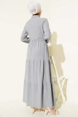 Gömlek Yaka Düğmeli Kat Kat Bürümcük Elbise Gri - Tesettür Elbise