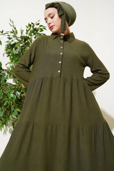 Gömlek Yaka Düğmeli Kat Kat Bürümcük Elbise Haki - Elbise