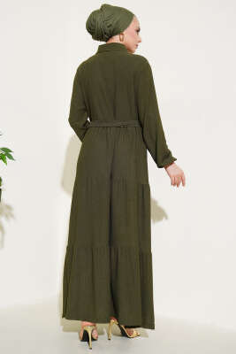 Gömlek Yaka Düğmeli Kat Kat Bürümcük Elbise Haki - Tesettür Elbise