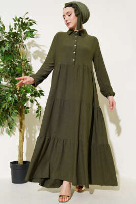 Gömlek Yaka Düğmeli Kat Kat Bürümcük Elbise Haki - Tesettür Elbise