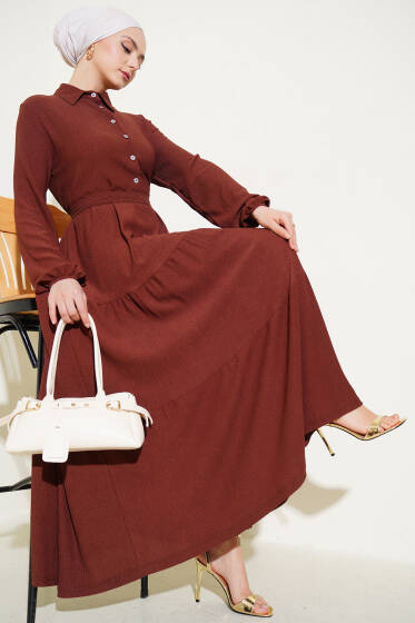 Gömlek Yaka Düğmeli Kat Kat Bürümcük Elbise Kahve - Elbise