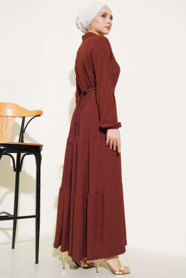 Gömlek Yaka Düğmeli Kat Kat Bürümcük Elbise Kahve - Tesettür Elbise