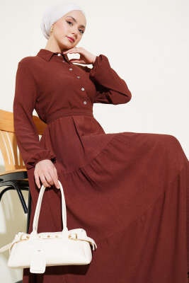Gömlek Yaka Düğmeli Kat Kat Bürümcük Elbise Kahve - Tesettür Elbise