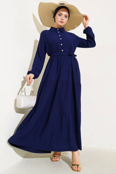 Gömlek Yaka Düğmeli Kat Kat Bürümcük Elbise Lacivert - Elbise