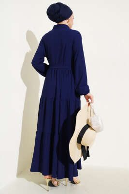 Gömlek Yaka Düğmeli Kat Kat Bürümcük Elbise Lacivert - Tesettür Elbise