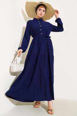 Gömlek Yaka Düğmeli Kat Kat Bürümcük Elbise Lacivert 