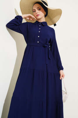 Gömlek Yaka Düğmeli Kat Kat Bürümcük Elbise Lacivert - Tesettür Elbise
