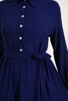 Gömlek Yaka Düğmeli Kat Kat Bürümcük Elbise Lacivert - Tesettür Elbise