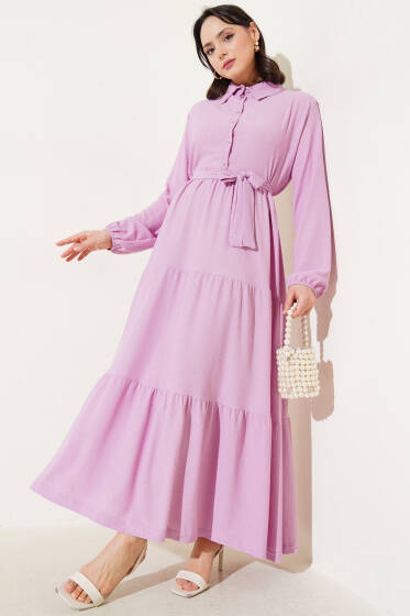 Gömlek Yaka Düğmeli Kat Kat Bürümcük Elbise Lila - Elbise