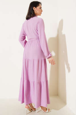 Gömlek Yaka Düğmeli Kat Kat Bürümcük Elbise Lila - Tesettür Elbise