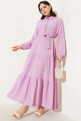 Gömlek Yaka Düğmeli Kat Kat Bürümcük Elbise Lila 