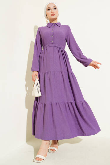 Gömlek Yaka Düğmeli Kat Kat Bürümcük Elbise Mor - Elbise