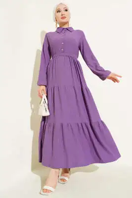 Gömlek Yaka Düğmeli Kat Kat Bürümcük Elbise Mor 