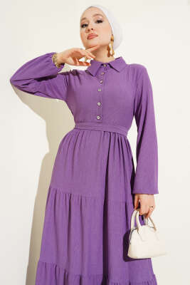 Gömlek Yaka Düğmeli Kat Kat Bürümcük Elbise Mor - Tesettür Elbise