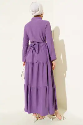 Gömlek Yaka Düğmeli Kat Kat Bürümcük Elbise Mor - Tesettür Elbise