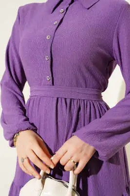 Gömlek Yaka Düğmeli Kat Kat Bürümcük Elbise Mor - Tesettür Elbise