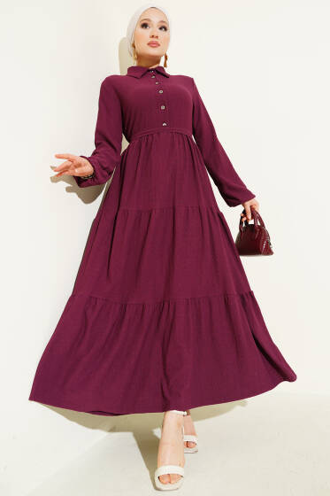 Gömlek Yaka Düğmeli Kat Kat Bürümcük Elbise Mürdüm - Elbise