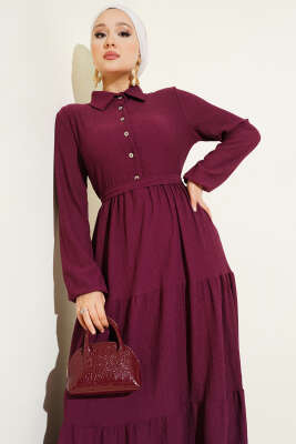 Gömlek Yaka Düğmeli Kat Kat Bürümcük Elbise Mürdüm - Tesettür Elbise