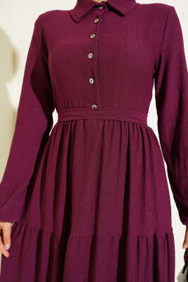 Gömlek Yaka Düğmeli Kat Kat Bürümcük Elbise Mürdüm - Tesettür Elbise