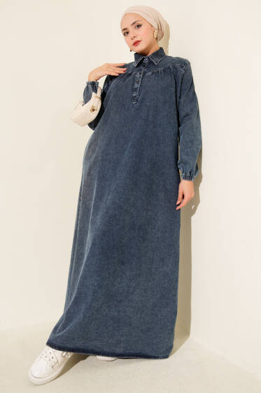 Gömlek Yaka Düğmeli Kot Elbise Koyu Mavi - Elbise