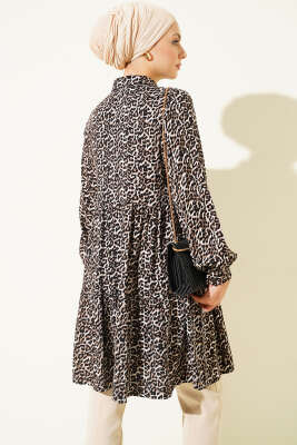 Gömlek Yaka Düğmeli Leopar Tunik Siyah - Tunik