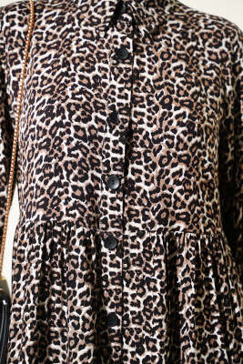 Gömlek Yaka Düğmeli Leopar Tunik Siyah - Tunik