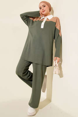 Gömlek Yaka Düğmeli Loyşa İkili Takım Haki - NESSİA