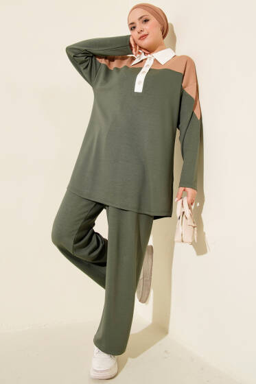 Gömlek Yaka Düğmeli Loyşa İkili Takım Haki - İkili Takım
