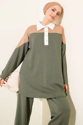 Gömlek Yaka Düğmeli Loyşa İkili Takım Haki - İkili Takım