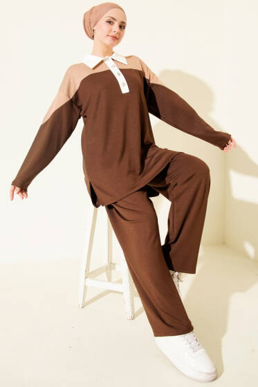 Gömlek Yaka Düğmeli Loyşa İkili Takım Kahve - İkili Takım