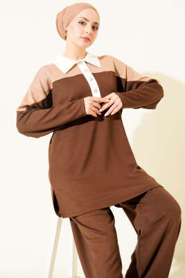 Gömlek Yaka Düğmeli Loyşa İkili Takım Kahve - İkili Takım