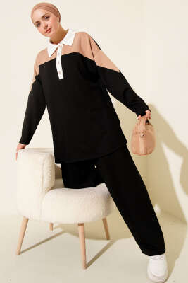 Gömlek Yaka Düğmeli Loyşa İkili Takım Siyah - NESSİA