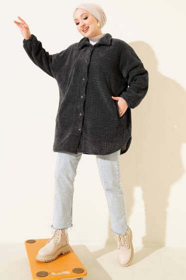Gömlek Yaka Düğmeli Peluş Mont Antrasit - Mont