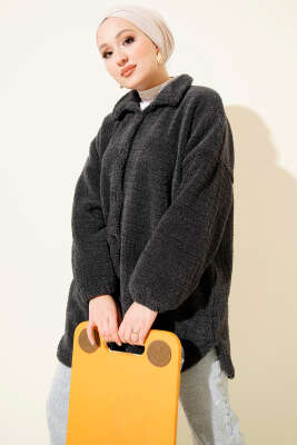 Gömlek Yaka Düğmeli Peluş Mont Antrasit - Mont