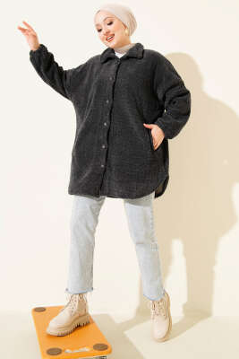 Gömlek Yaka Düğmeli Peluş Mont Antrasit