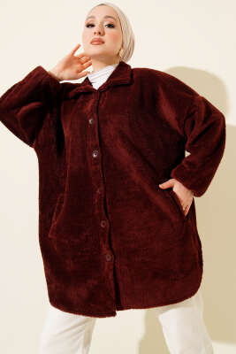 Gömlek Yaka Düğmeli Peluş Mont Bordo - MURAT GİYİM