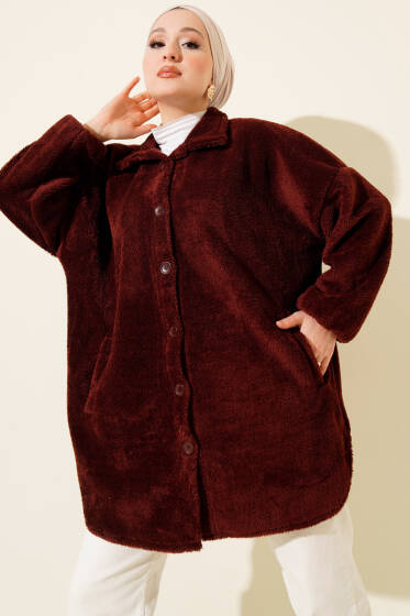 Gömlek Yaka Düğmeli Peluş Mont Bordo - Mont