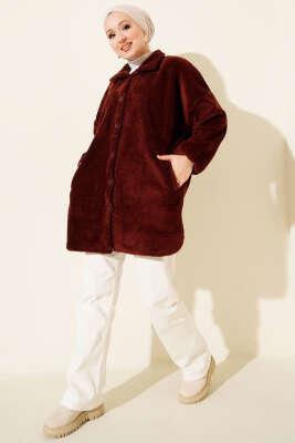 Gömlek Yaka Düğmeli Peluş Mont Bordo - Mont