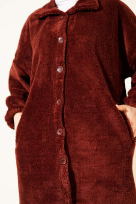 Gömlek Yaka Düğmeli Peluş Mont Bordo - Mont