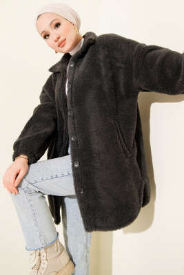 Gömlek Yaka Düğmeli Peluş Mont Füme - MURAT GİYİM