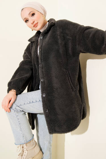 Gömlek Yaka Düğmeli Peluş Mont Füme - Mont
