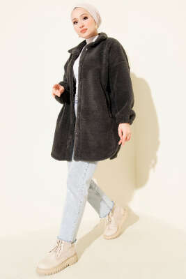 Gömlek Yaka Düğmeli Peluş Mont Füme - Mont